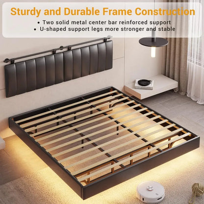 Floating Leather Bed Frame with LED Lights