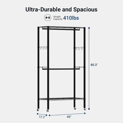 Heavy Duty Rolling Clothes Rack,Freestanding Wardrobe Storage Clothing Rack with Lockable Wheels, Adjustable 3 Tiers Wire