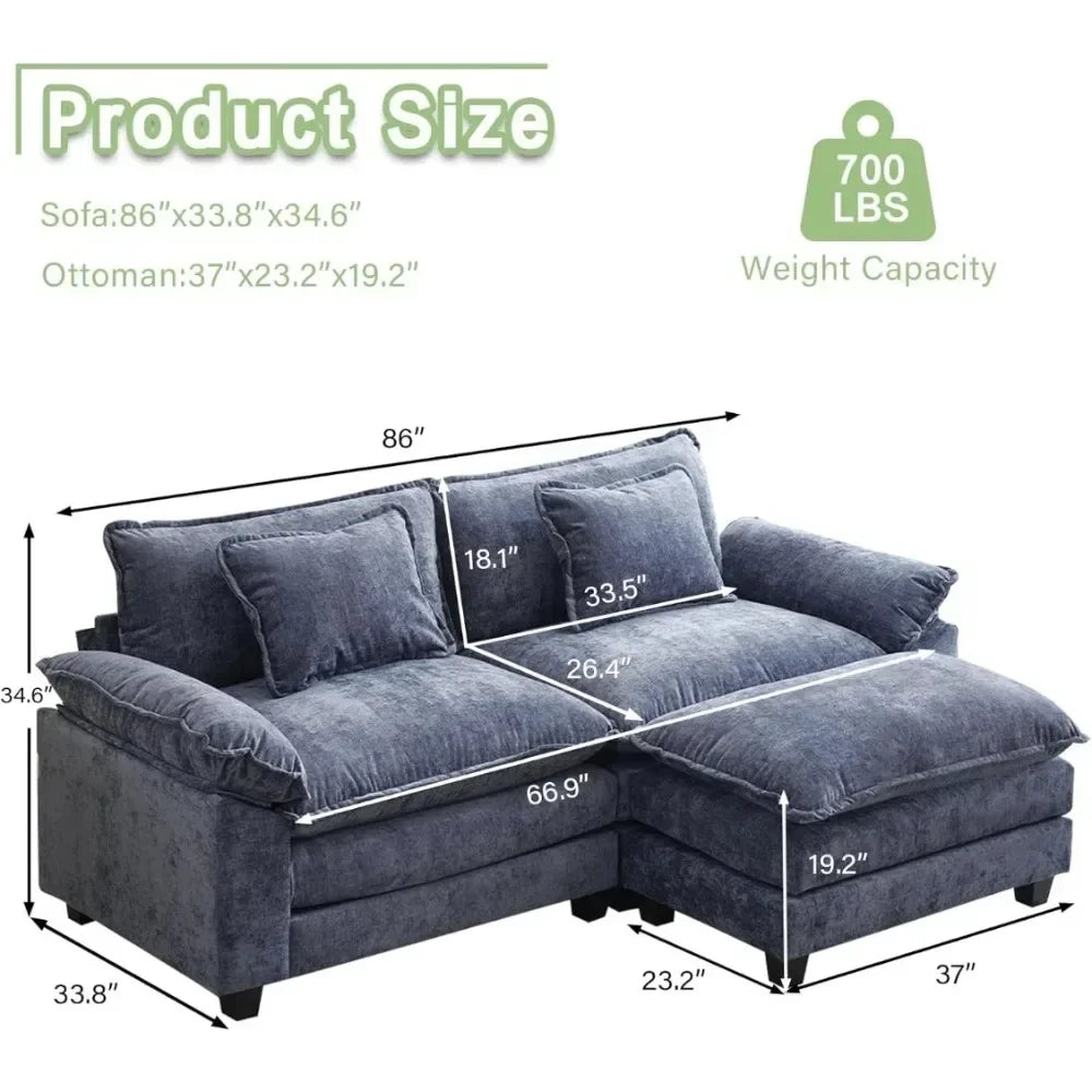 Comfy Chenille Sectional Sofa Sleeper with Pillows and Ottoman