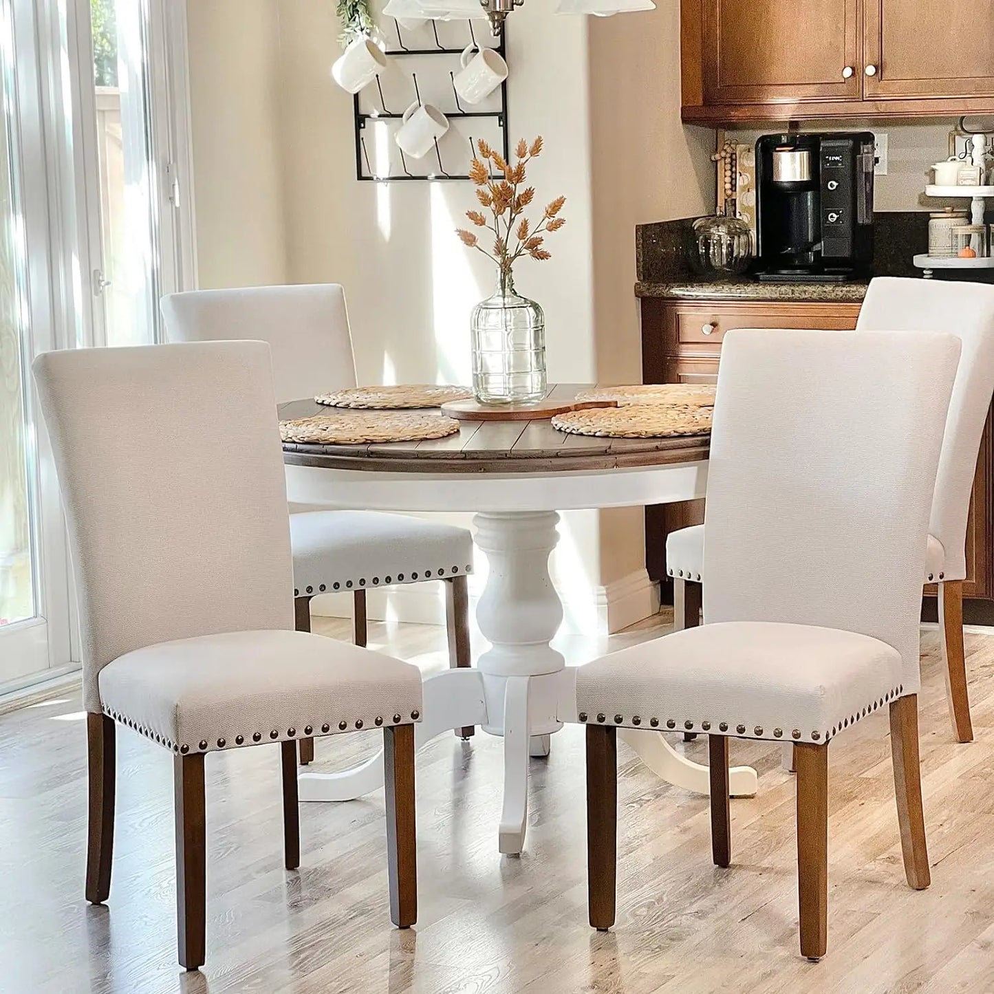 Set of 4 Beige Upolstered Parsons Chairs with Nailhead Trim and Wood Legs