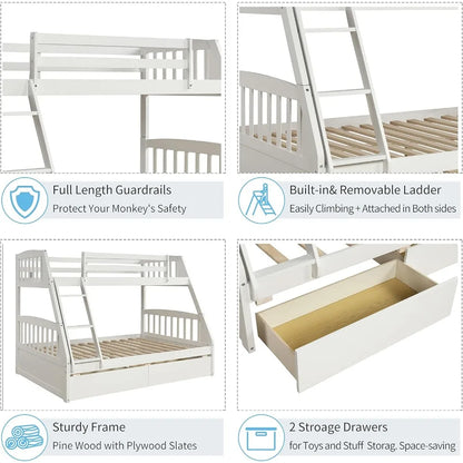 Solid Wood Twin Over Full Bunk Bed with Two Storage Drawers