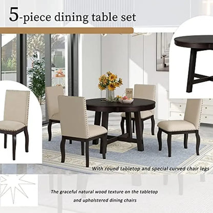 Round Extendable Dining Table Set with 4 Upholstered Chairs Elegant Farmhouse Kitchen Furniture