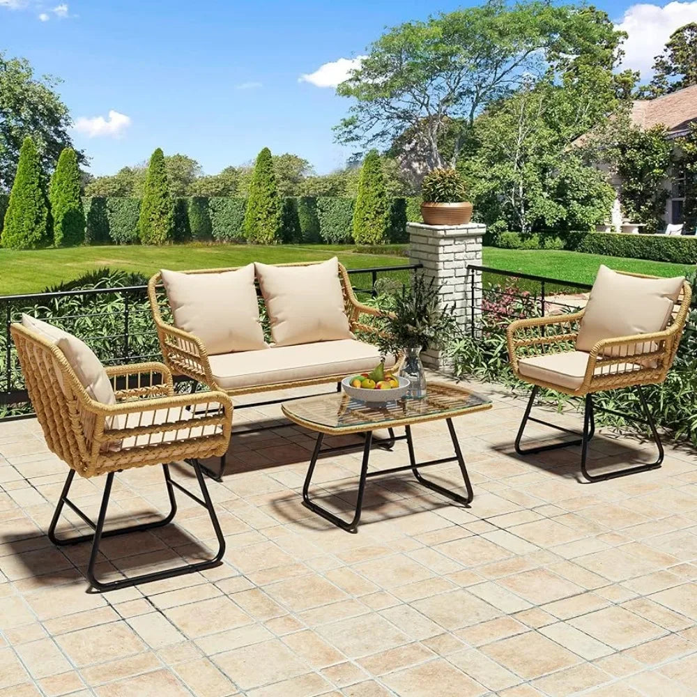 4-Piece Wicker Patio Bistro Set for Backyard, Balcony and Deck with Soft Cushions and Metal Table