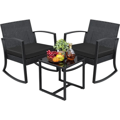 3 Piece Outdoor Patio Set with Bistro Rocking Chairs and Glass Coffee Table