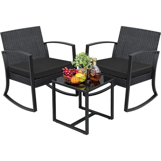 3 Piece Outdoor Patio Set with Bistro Rocking Chairs and Glass Coffee Table